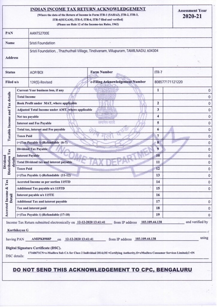 thumbnail of Audit Report 2019-20, Sristi Foundation